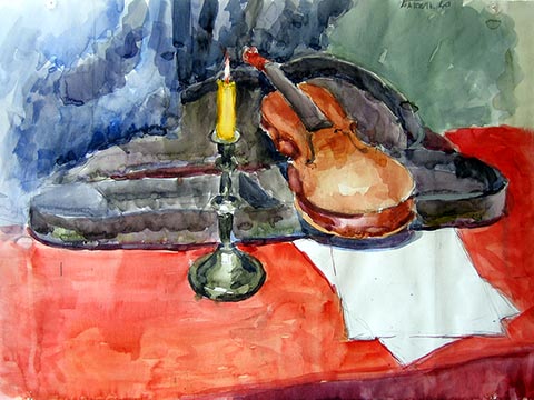 Abendmusik. Alexander Babel, 4. Klasse, 2000/2001, Aquarell, 43 × 62 cm. Entstanden im Malunterricht der Kinderkunstschule in Nowomoskowsk (Russland)