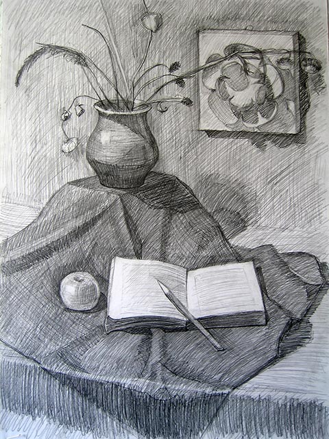 Stillleben. Alexander Babel, 3. Klasse, 1999/2000, Bleistift, 62 × 43 cm. Entstanden im Zeichenunterricht der Kinderkunstschule in Nowomoskowsk (Russland).