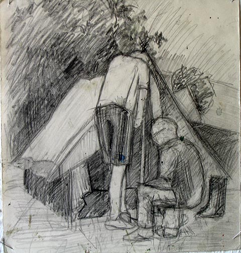 Gespräch. Alexander Babel, Bleistift, 4. Klasse, 2000/2001. Sommerlager ‚Filimonowskaja Poljana‘, Rajon Odojew, Gebiet Tula. Kinderkunstschule Nowomoskowsk (Russland).