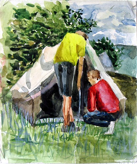 Gespräch. Alexander Babel, Aquarell, 4. Klasse, 2000/2001. Sommerlager ‚Filimonowskaja Poljana‘, Rajon Odojew, Gebiet Tula. Kinderkunstschule Nowomoskowsk (Russland).