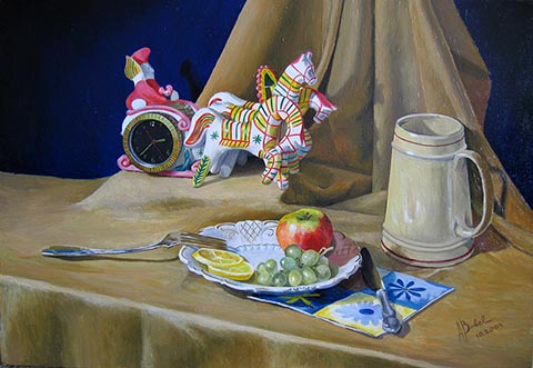 Autorenarbeit von Alexander Babel. ‚Stillleben mit Troika‘. 2004, Leinwand, Öl, 54 × 78 cm. Filimonowskaja-Skulptur, deutscher Bierkrug, Teller mit Obst.