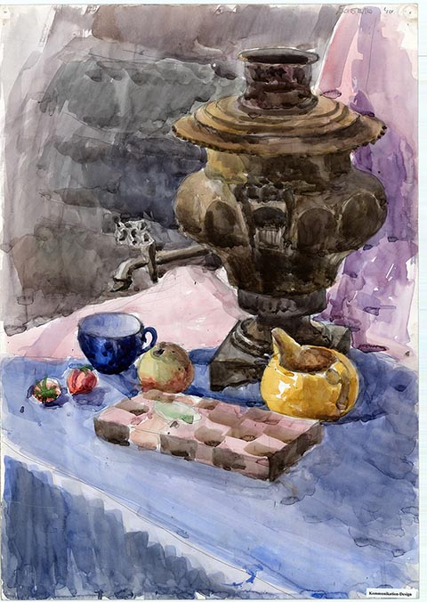 Samowar. Alexander Babel, 4. Klasse, 2000/2001, Aquarell, 62x43 cm. Entstanden im Malunterricht an der Kinderkunstschule der Stadt Nowomoskowsk (Russland).