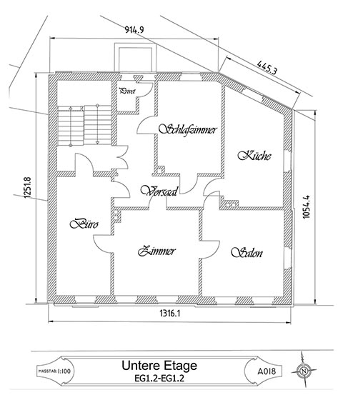 Grundriss des unteren Geschosses des Hauses Dietel, Greiz.
