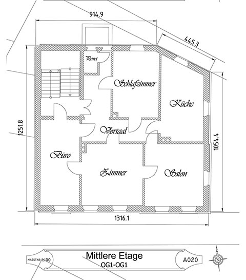 Grundriss des mittleren Geschosses des Hauses Dietel, Greiz.