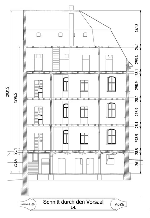 Schnitt durch den Flur des Hauses Dietel, Greiz.