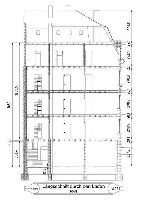 Längsschnitt durch den Laden des Hauses Dietel, Greiz.