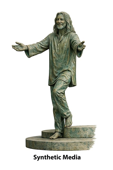 Skulpturale Komposition Istvandukt auf dem Istvanplatz in Greiz. Bronzefigur von Istvan auf den Stufen, modelliert mit künstlicher Intelligenz. ChatGPT.