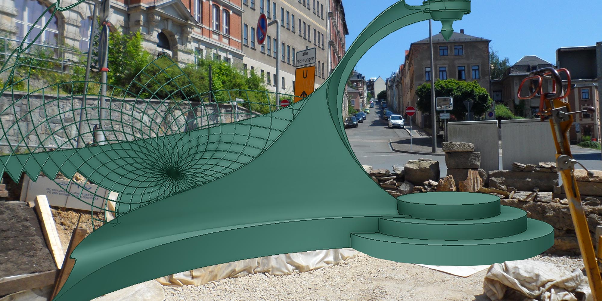 Fotomontage: Skulptur Istvandukt mit Bank und Sonne vor dem Hintergrund einer Kreuzung mit Wohnbebauung und der ehemaligen Pestalozzischule in Greiz.