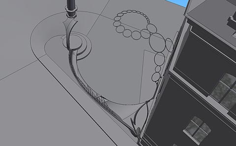 Draufsicht auf Istvandukt auf dem Istvanplatz in Greiz. Baumkrone aus Jahresringen, Obelisk, Stufen. 3D-Modell.