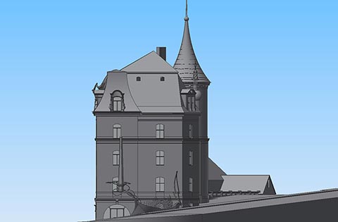 Istva﻿ndukt auf dem Istvanplatz in Greiz. Blick auf den Istvanplatz und das Haus von Viktor Dietel von der Pohlitzer Straße aus. 3D-Modell.