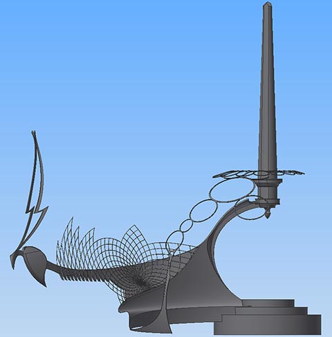 Istva﻿ndukt auf dem Istvanplatz in Greiz, Blick aus dem Geschäft. Baumkrone aus Jahresringen, Obelisk, Herz, Flamme. 3D-Modell.