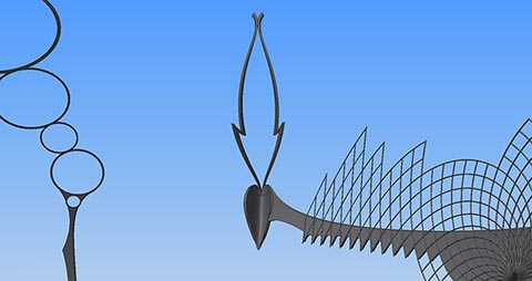 Skulpturale Komposition Istvandukt auf dem Istvanplatz in Greiz. Aus dem Herzen auflodernde Flamme, Baumkrone aus Jahresringen. 3D-Modell.