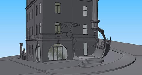 Skulpturale Komposition Istvandukt auf dem Istvanplatz in Greiz. Stufen. Gebäude mit rundem Fenster. 3D-Modell.