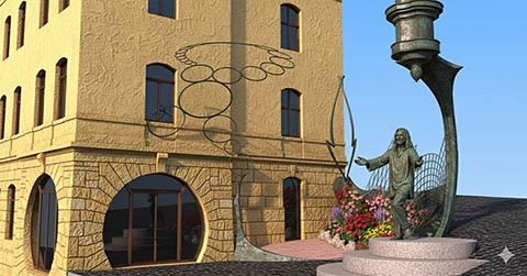 Skulpturale Komposition Istvandukt, modelliert mit künstlicher Intelligenz, Bronzefigur von Istvan Sky, Istvanplatz in Greiz. 3D-Modell.